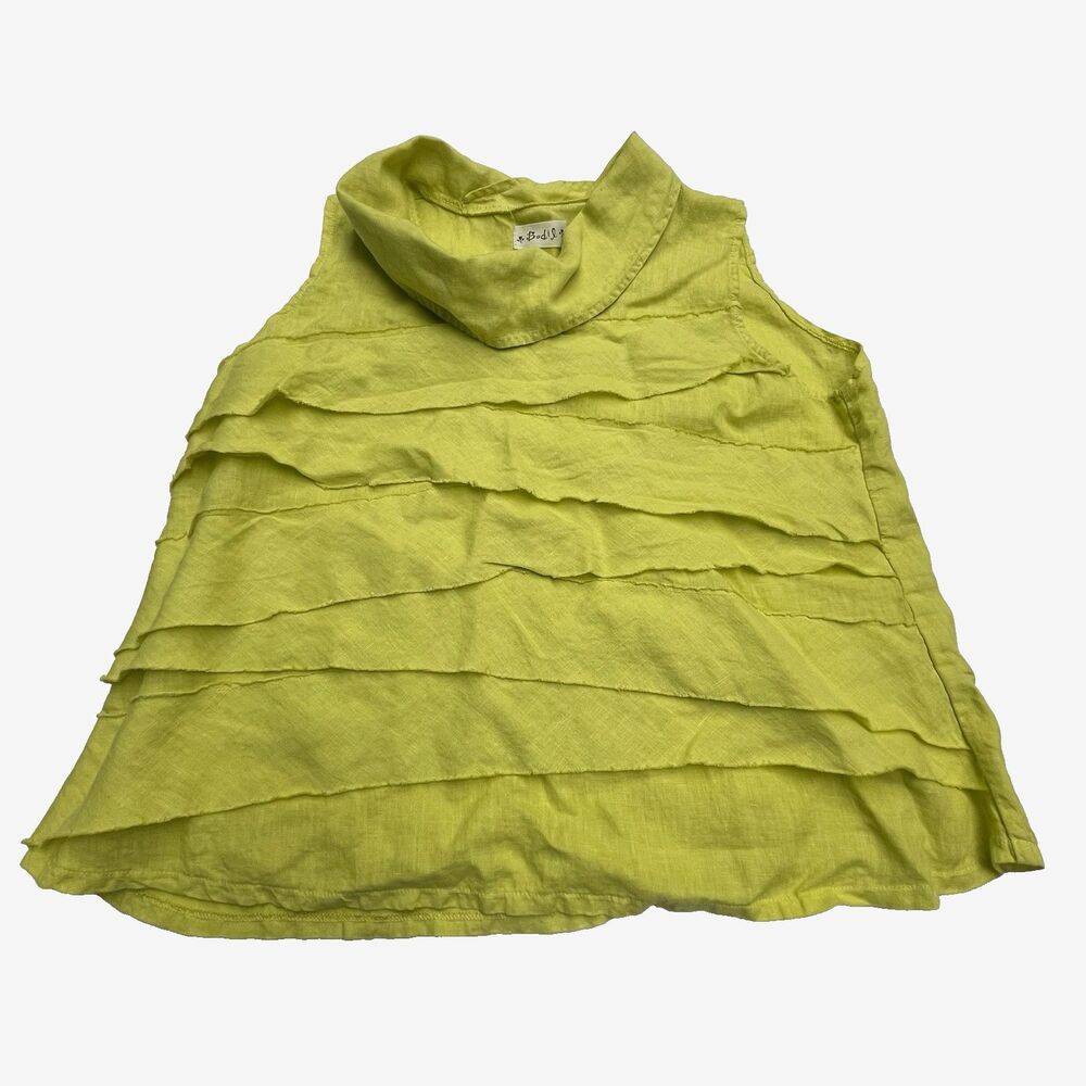 Bodil Sleeveless Top Linen Ruffle Green Yellow Made in the USA Women’s Size L